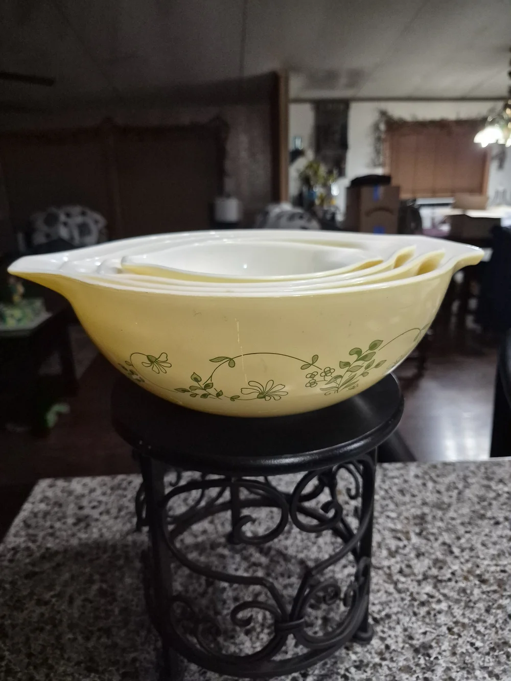 Cream Ceramic Nesting Mixing Bowls with Green Floral Print